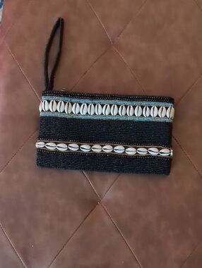 Black Beaded Shell Wristlet Clutch with Wrist Strap